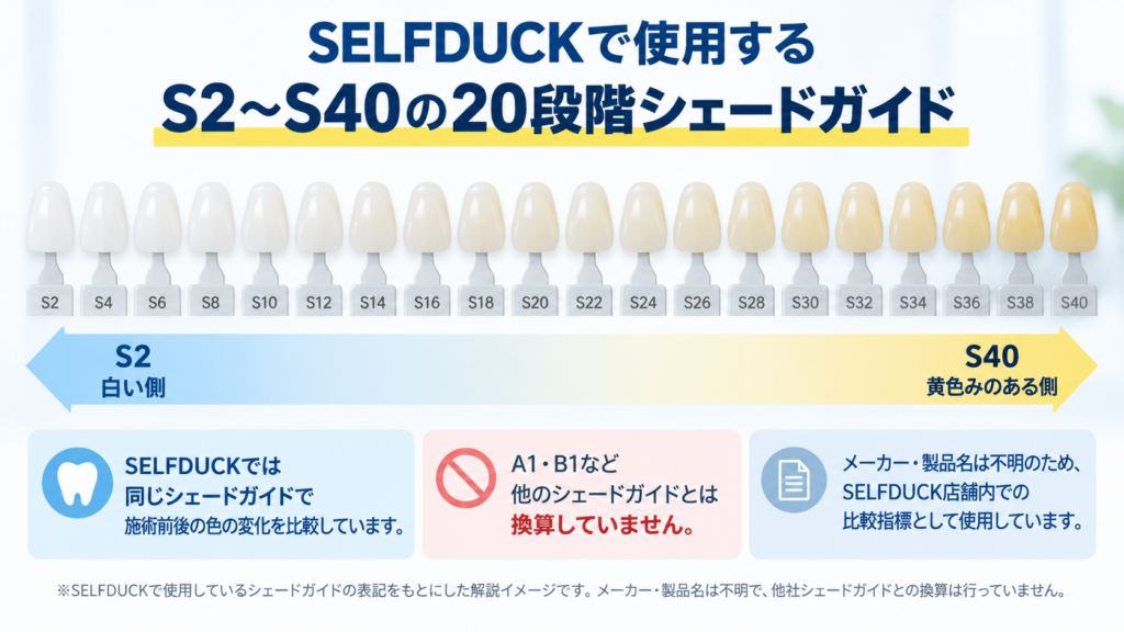 SELFDUCKで使用しているS2からS40まで2刻み20段階のシェードガイドと白い側・黄色みのある側の見方