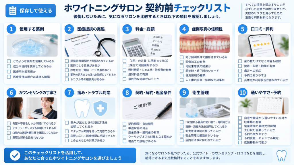 ホワイトニングサロンを契約する前に薬剤・医療提携・料金・症例・口コミ・説明・痛み対応・解約条件・衛生・予約を確認するチェックリスト